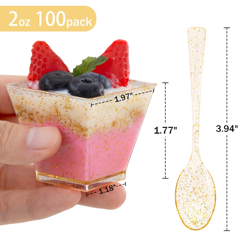 I00000 2oz Gold Glitter Square Mini Plastic Dessert Cups, 2 Ounce Small Plastic Cups with Mini Spoons, Include 100 Pieces Small Parfait Cup and 100 Pieces Gold Spoons for Pudding, Fruit and Ice Cream - Image 4